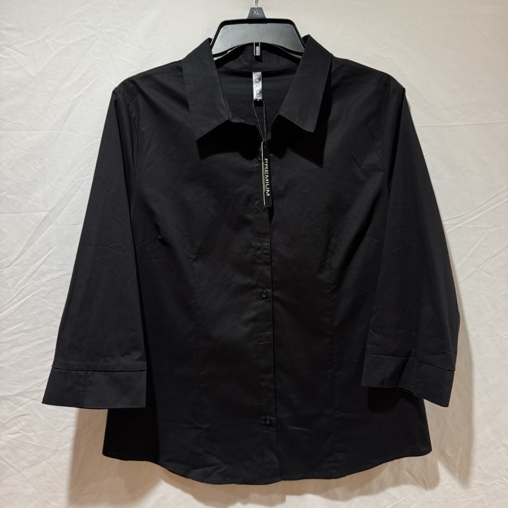 Made By Johnny MBJ Womens Black 3/4 Sleeve Stretchy Button Collared Blouse Sz L